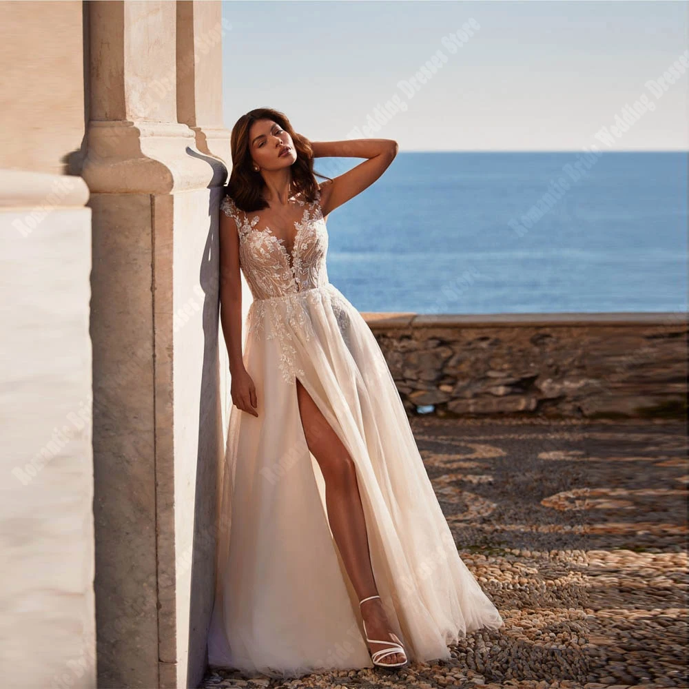 Vestidos de casamento sexy para mulheres sem mangas, fenda lateral, apliques de renda, vestidos elegantes, banquete personalizado