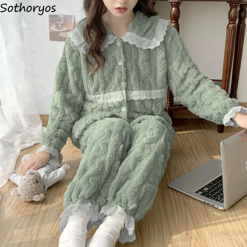 Pajama Sets Women Solid Lace Cozy Warm Home Daily Leisure Stylish Sweet Personality Graceful Simple All-match Winter Ladies Ins