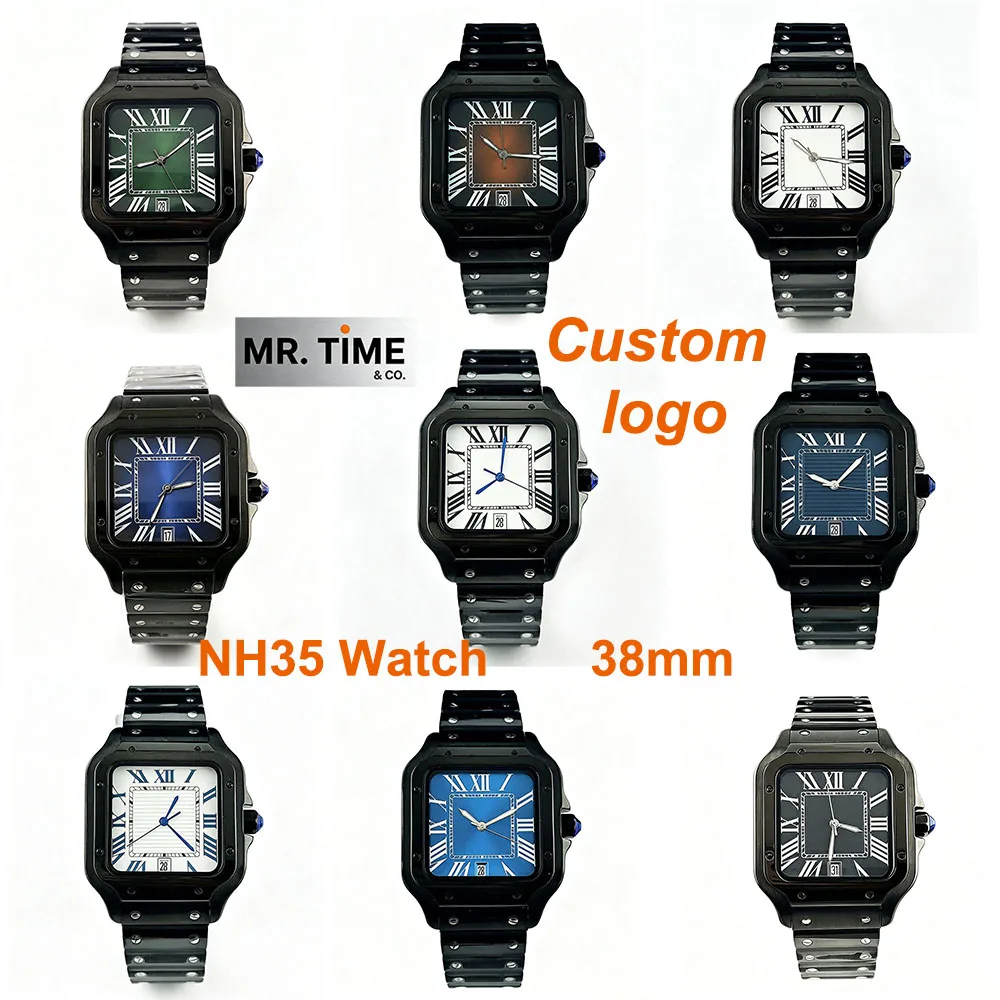 2026  black watch 6 o'clock watch custom logo Roman dial NH35 square watch 38mm watch stainless steel watch NH35 movement view 2