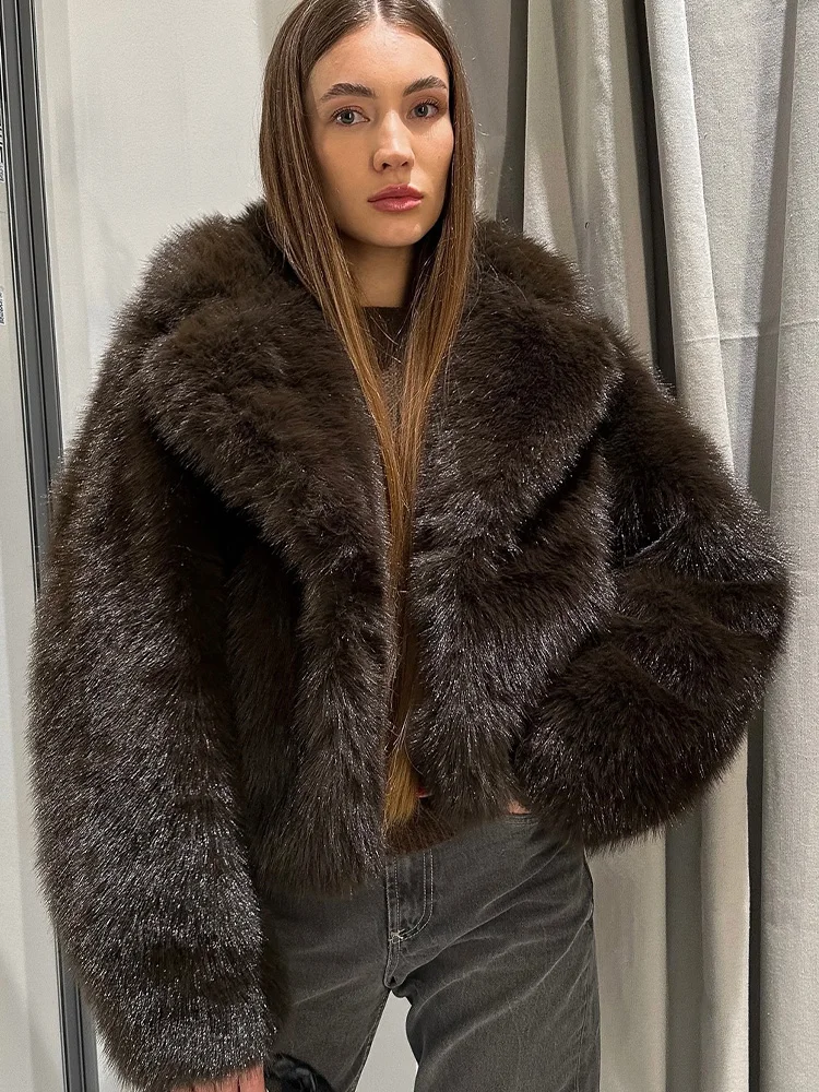 

HH Women Hidden Buckle Lapel Plush Coat Warm Long Sleeved Faux Fur Effect Short Coat Women Winter Fashion Pockets Solid Coat