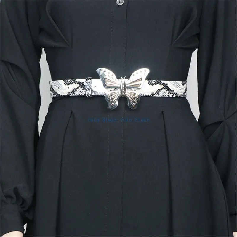 

X7XB Popular Belt for Girl Metallic Butterfly Buckle Waistband 2000s Skinny Belt Waist Belt Cool PU Snakeskin Texture Waistband