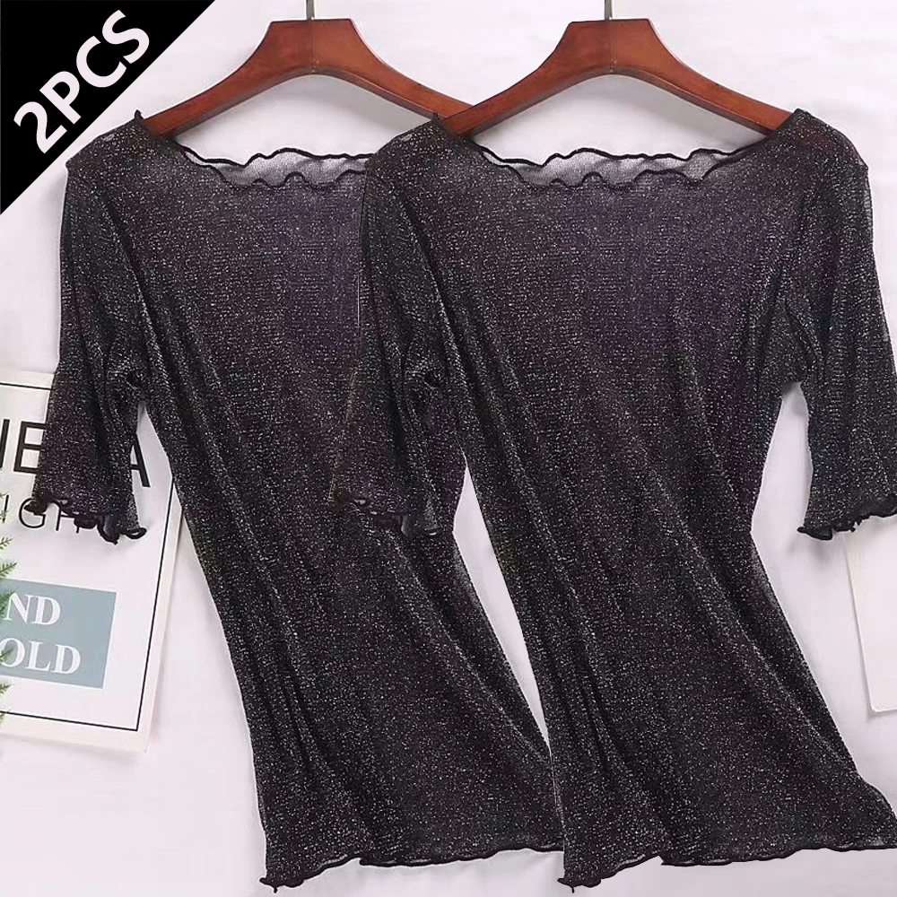

Shiny See Through Short Sleeve T Shirt Women Y2K Mesh Elastic Female Blouses Modern Dance Gym Yoga Shirts Top Girl 2 Pcs 1 Set