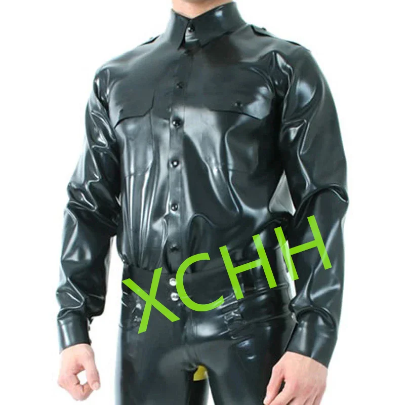 

Handmade Men's Black Fetish Latex Jacket Top Rubber Blouse 2 Pockets Front Button Halloween Cosplay Costumes
