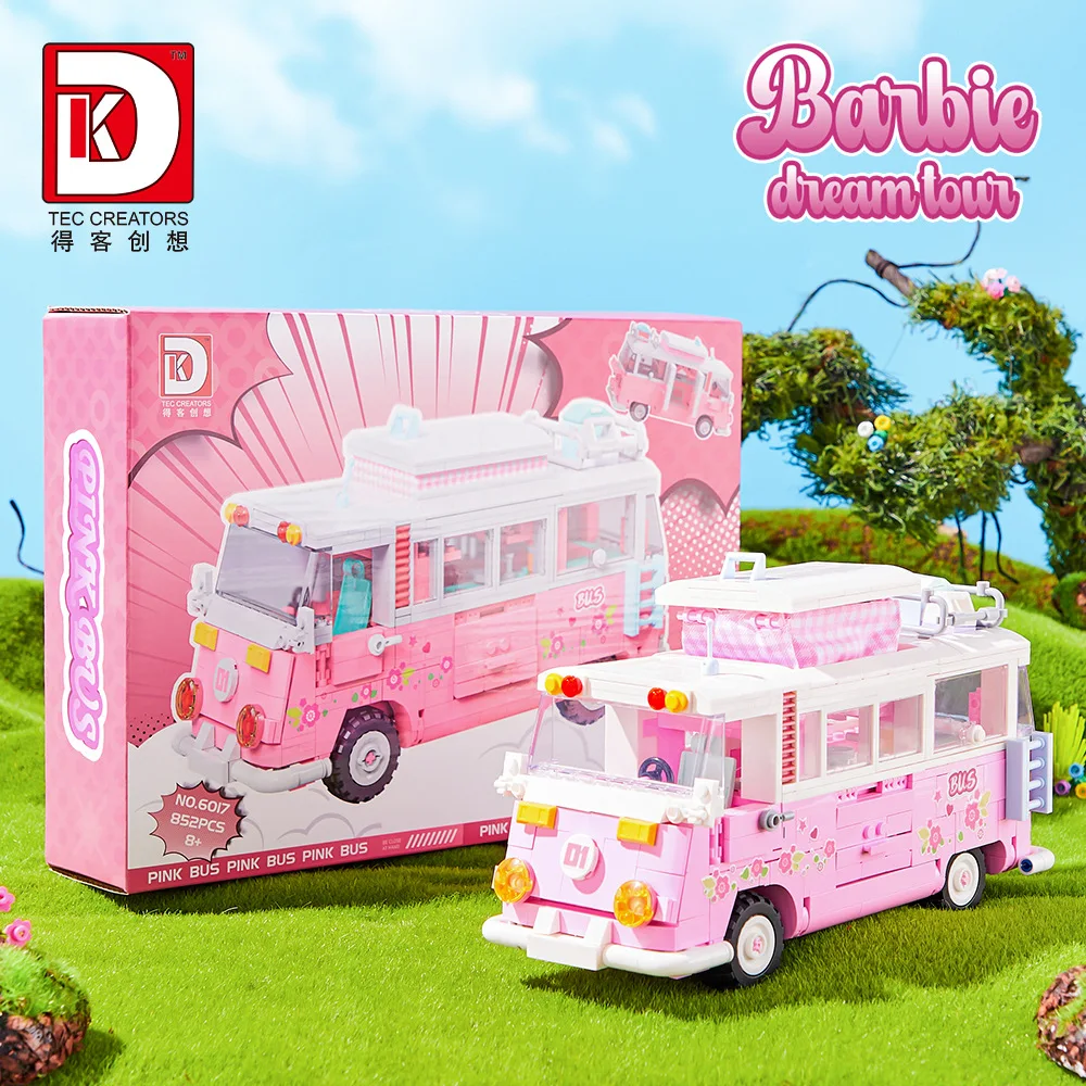 

852pcs MOC Pink Travel Bus Building Blocks Model Camper Van Bricks Assembling Toys for Children Birthday Gift Set