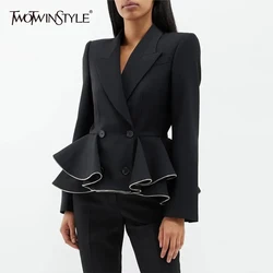 TWOTWINSTYLE Ruffles Tiered Blazers For Women Notched Collar Long Sleeve Slim Minimalist Autumn Blazer Female Fashion Clothes