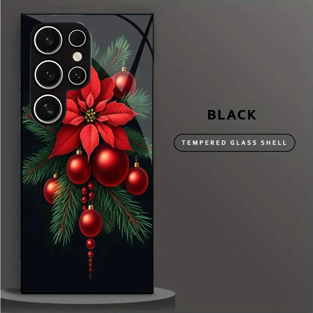 Xmas Red Flower & Bauble Black Tempered Glass Phone Case For Samsung GalaxyS26 25 24 A26 25 Ultra Shockproof Protective Cover