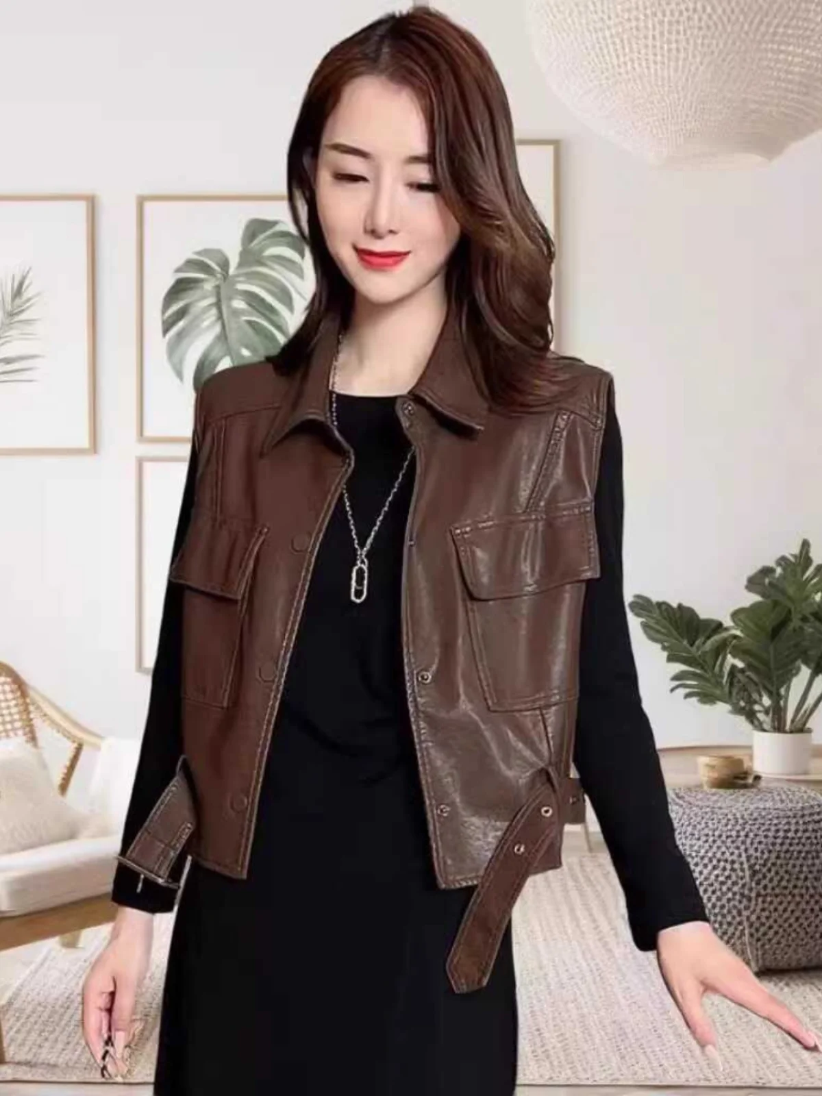 Gilet Retro Stile Hong Kong per Donna, Giacca Senza Maniche Alla Moda Anti-Età, Gilet in Pelle PU Trendy per l'Inizio Autunno, Novità...