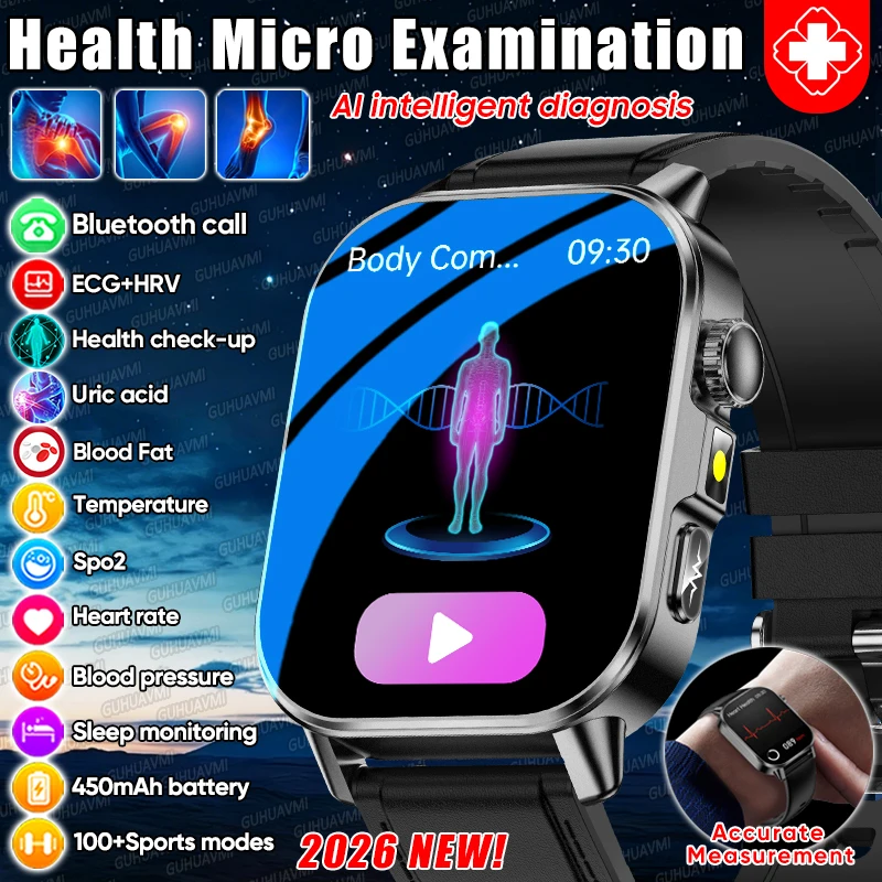 

2026 Новые умные часы для анализа здоровья тела, ЭКГ + HRV, мочевая кислота, липиды в крови, кровяное давление, Bluetooth, умные часы для вызова для мужчин и женщин