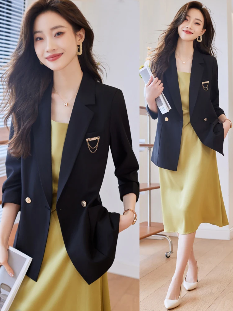 Casual Suit Jacket Dress Set High-End Goddess Style Western Dress with Strap Two-Piece Set Fashionable Commute Wind Pure Color
