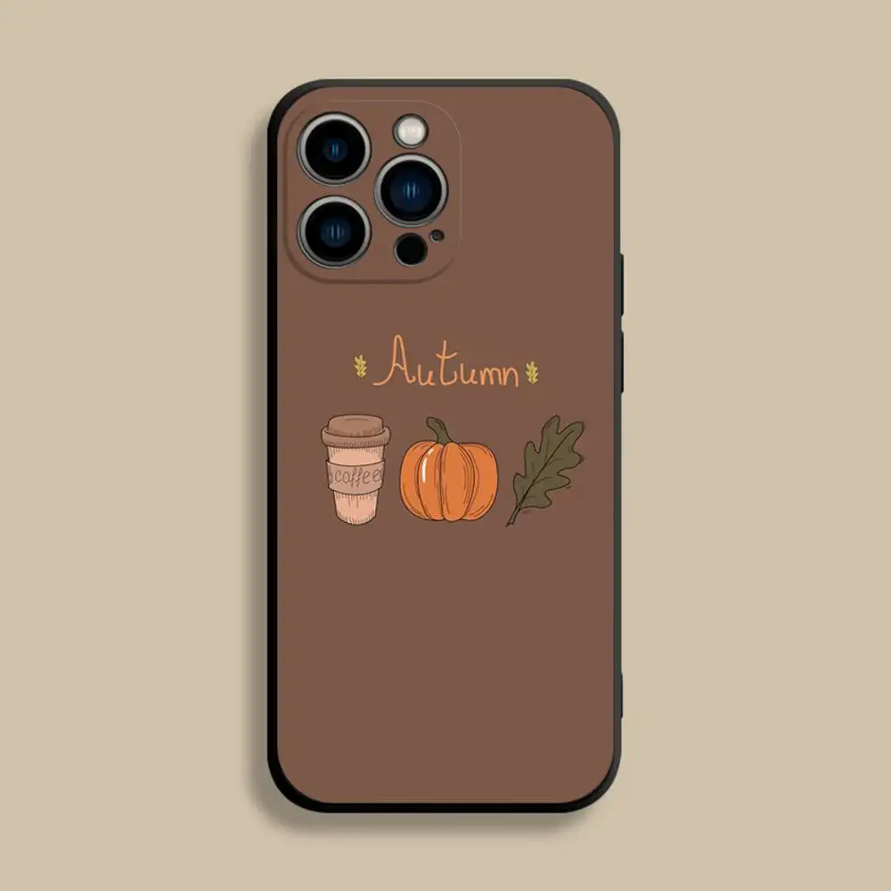 Etui na telefon z motywem jesiennych liści i dyni do iPhone'a 17, 16, 15, 14, 13, 12, Pro, Max, Plus, E, SE4, Air, Mini, czarne, miękkie.