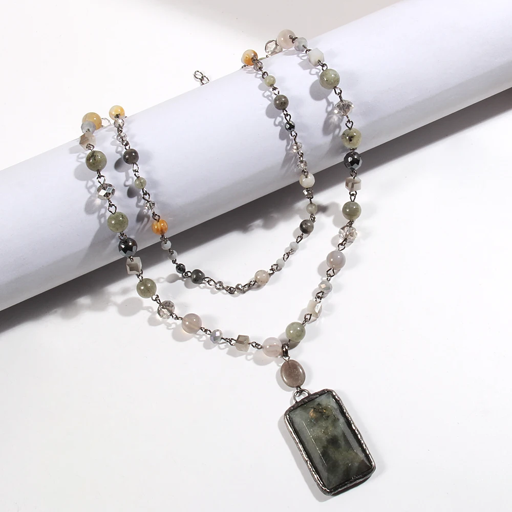 New Vintage Jewelry 4/6/8mm Natural Stone Crystal Glass Hematite Link Chain 2 Layer Necklace Stone Rectangle Pendant Necklace