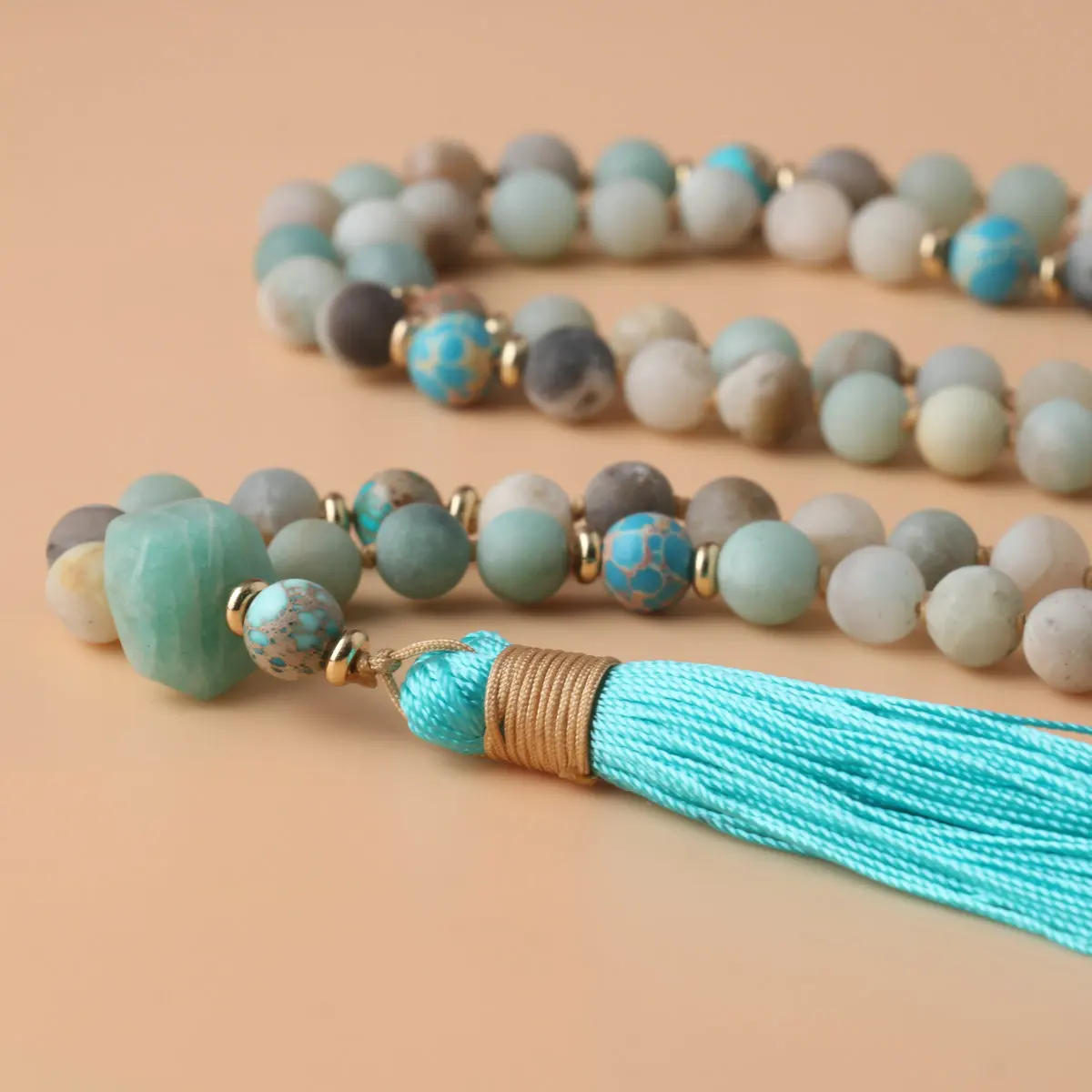 108 Japa Mala Necklace For Women Men Natural Stone Amazonite Beads Tassel Yoga Energy Meditation Necklace Blessing Jewelry