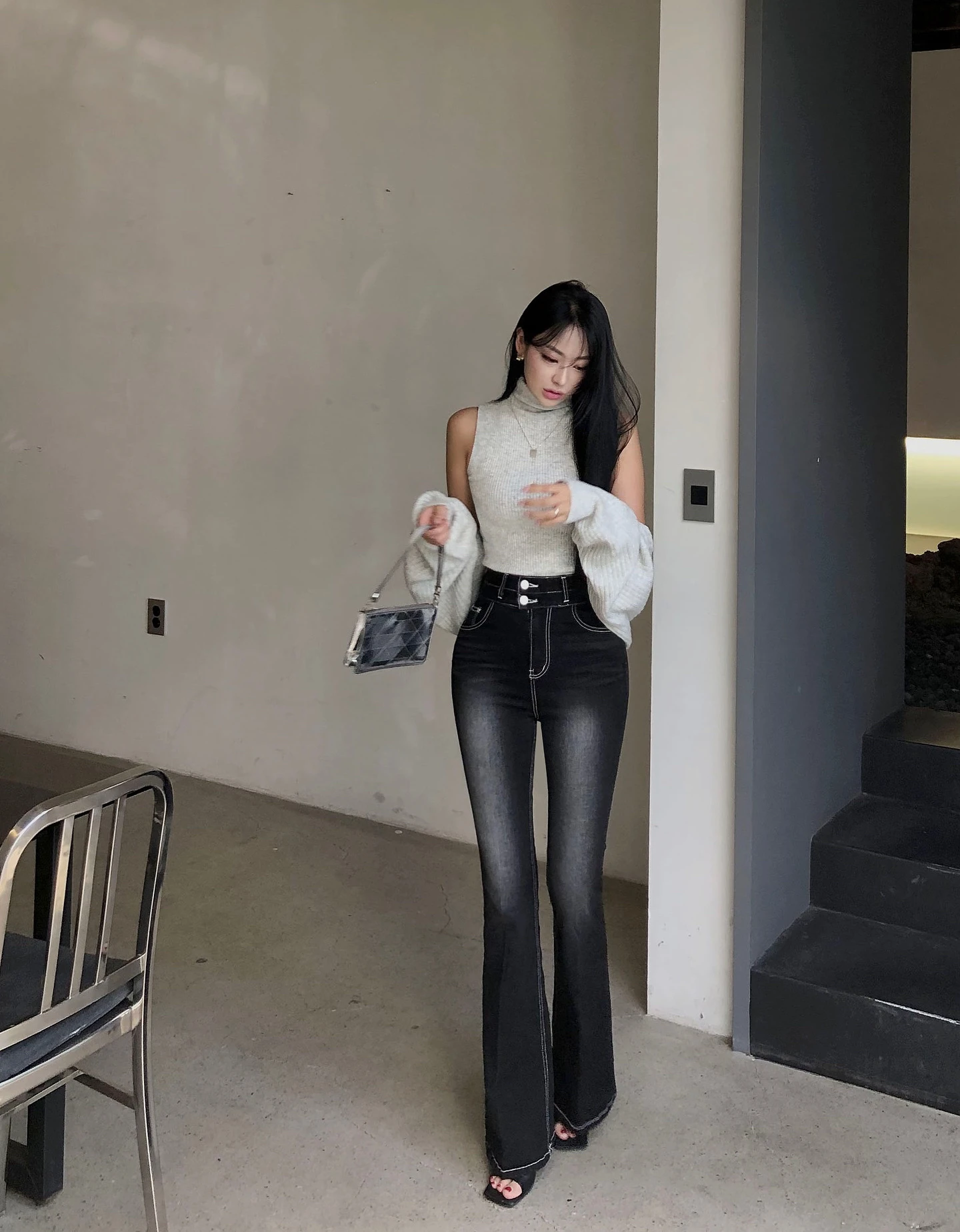 

High Waist Double Bule Bell Bot Jeans Korean Sle Elastic Butt Lifting Slimming Leg Lengthening Long Pants