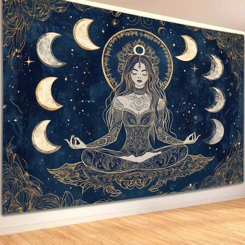 VIKAMA Moon Phase Goddess Tapestry, Boho Celestial Meditation Print Wall Hanging for Bedroom Dorm Living Room Home Decor