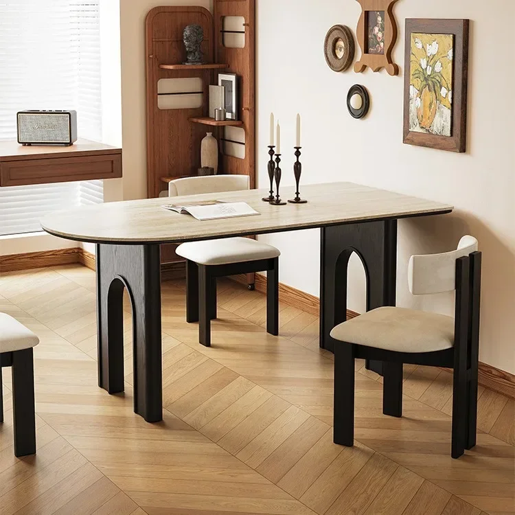 Slate Dining Table Household Small Apartment Dining Table Solid Wood Semi-round Island Against The Wall Black Dining Table