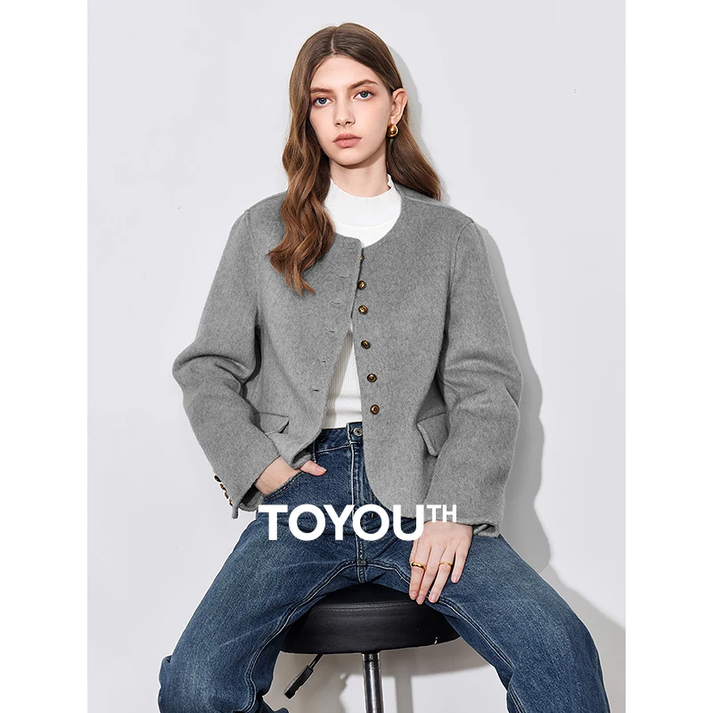 TOYOUTH Women Woolen Coat 2024 Autumn Winter New Sheep Long Sleeve Round Neck Single Breasted Button Wool Jacket Coat Gray