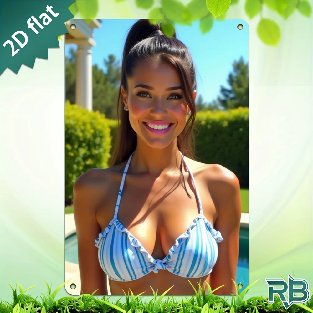 Striped Bikini Beautiful Woman Backyard Pool Metal Tin Sign, 2D Flat Summer Vacation Lady Wall Decor Plaque for Garage Bar