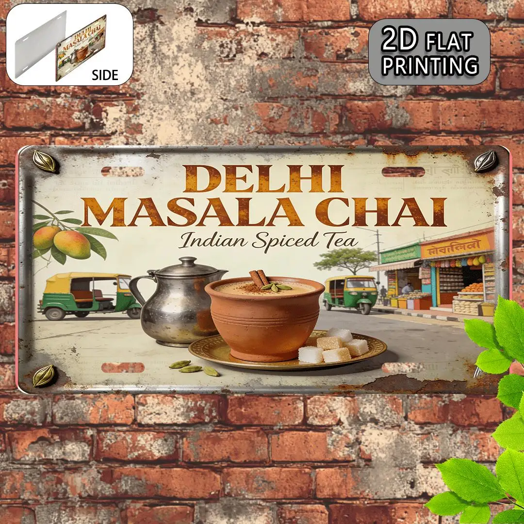Letrero de Aluminio Vintage Plano 2D - [2D Flat] 1 Pieza | Té Especiado Indio Delhi Masala Chai, Decoración para Colgar en la Pared, Estilo Art Deco