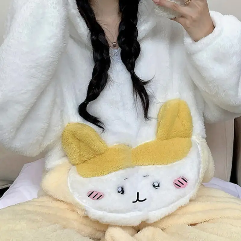 

Anime Usagi Chiikawa Women's Pajamas Kawaii Hooded Hachiware Winter Warm Sleepwear Sleepwear Pajama Woman Winter Girl Pajama Set