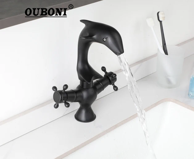 

OUBONI Matte Black Bathroom Basin Faucet Dolphin Shaped Dual Handle Washbasin Faucets Stream Mode Hot Cold Mixer Taps