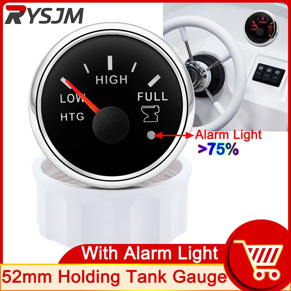 52MM HTG Gauge with Alarm 75% 0~190ohm 240-33ohm Sewage Level Meter Holding Tank Gauge for Car Truck Marine Boat Red Backlight