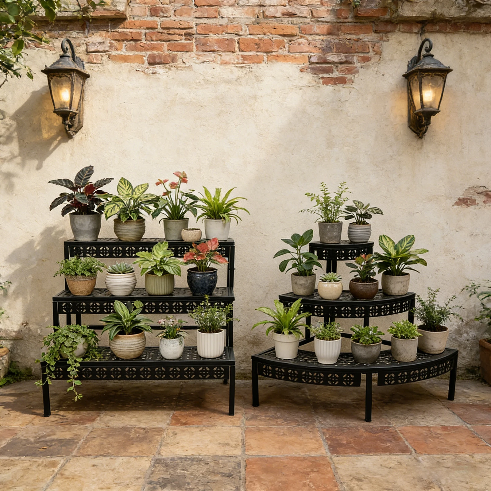 Retro 3-Tier Ladder Plant Display Rack, 2-Pack (Rectangular + Fan-Shaped) Corner Shelf with Hollow Breathable Holes, Sturdy Iron Stand for Indoor/Outdoor Potted Plants & Decor