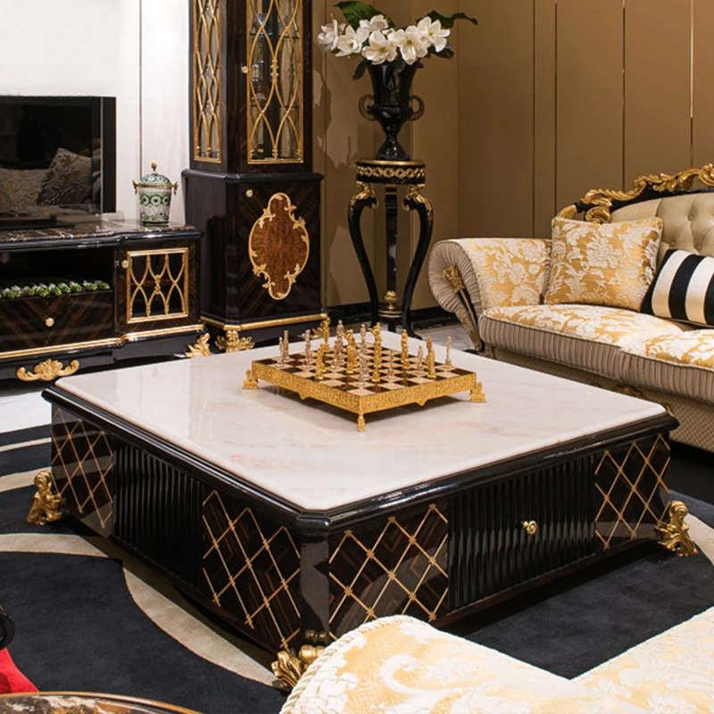 ！@High Quality Antique Wooden Center Table for Living Room Luxury Marble Coffee Table Set