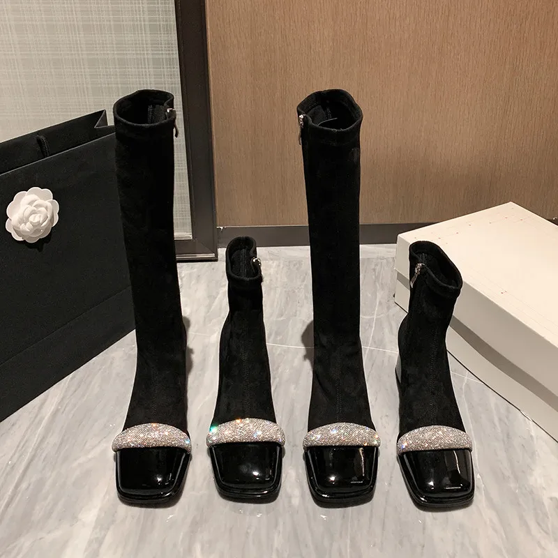 

Fashion Knee-High Women Boots New High Quality Leather Stitching Lycra Elastic Boots Square Thick High Heel Modern Boots