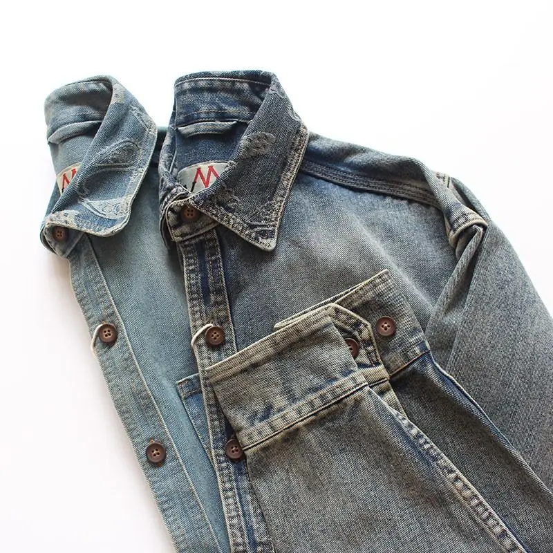 

Heavyweight Waed Retro Japanese Sle Long Sve Men's Denim irt Loose Fit Workwear Jaet Button Detail Polyester Fiber