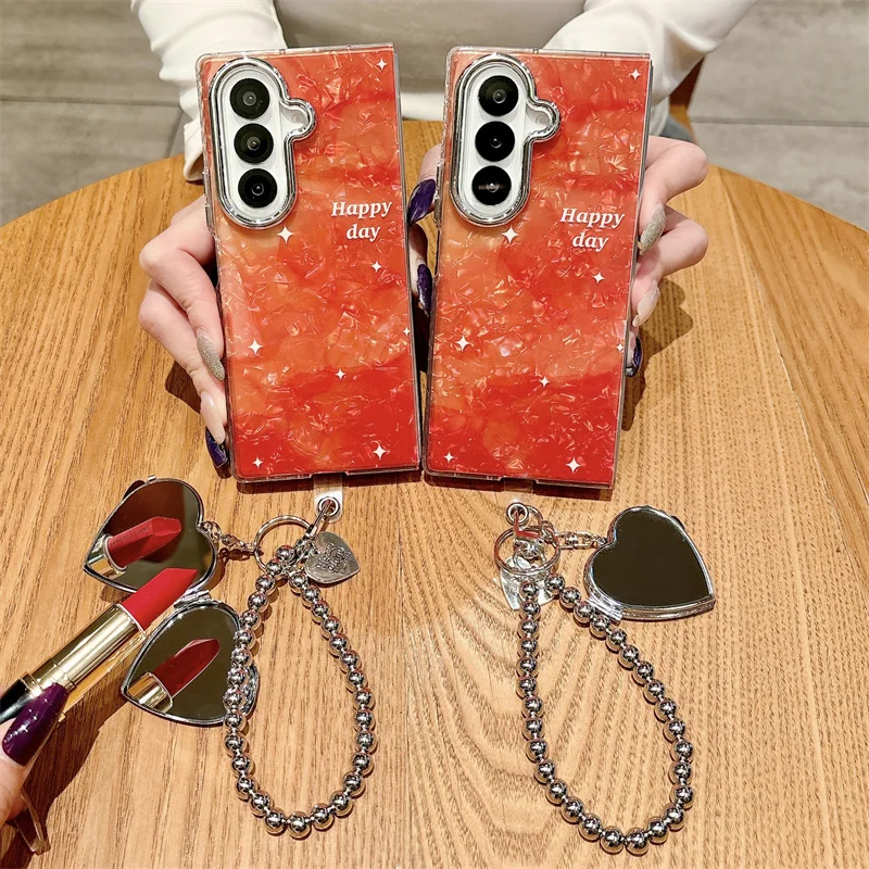 Fashion Orange Star Conch with Chain Cute Shell Phone Case for Samsung Galaxy Z Fold 7 6 Shockproof Protection Back Cover Funda