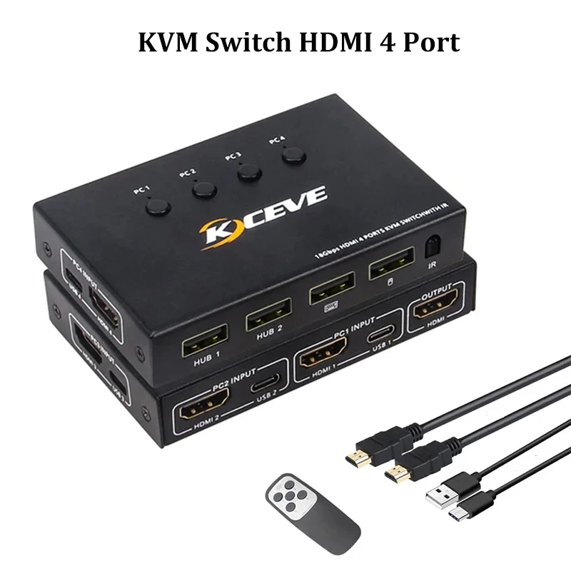 4 Port HDMI KVM Switch,UHD 4K@60Hz USB and HDMI Switch for 4 Computers Share Keyboard Mouse Printer and 1 HD Monitor Switch