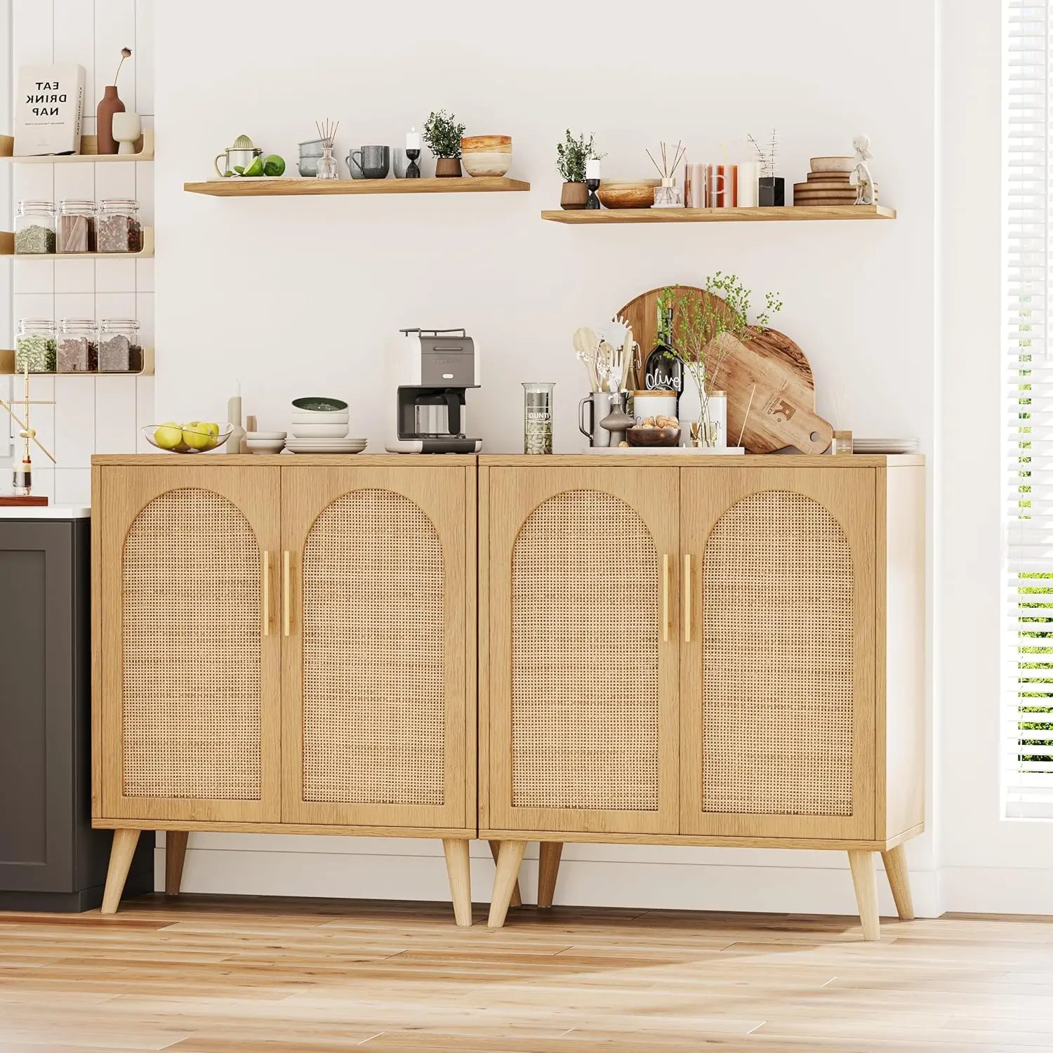 Rovaurx-Armário de Armazenamento Rattan com Portas, Accent Armário de Chão do Banheiro, Aparador Moderno, Buffet Cabinet, Side Board, Conjunto de 2