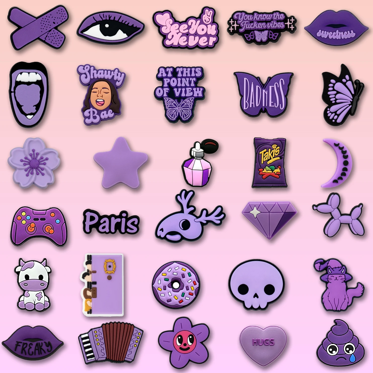 

1/30/90PCS Purple Cow Flower Shoe Accessories Charms Perfume Butterfly Car Shoe Decoration for Sandals Women Girls Fits All Clog