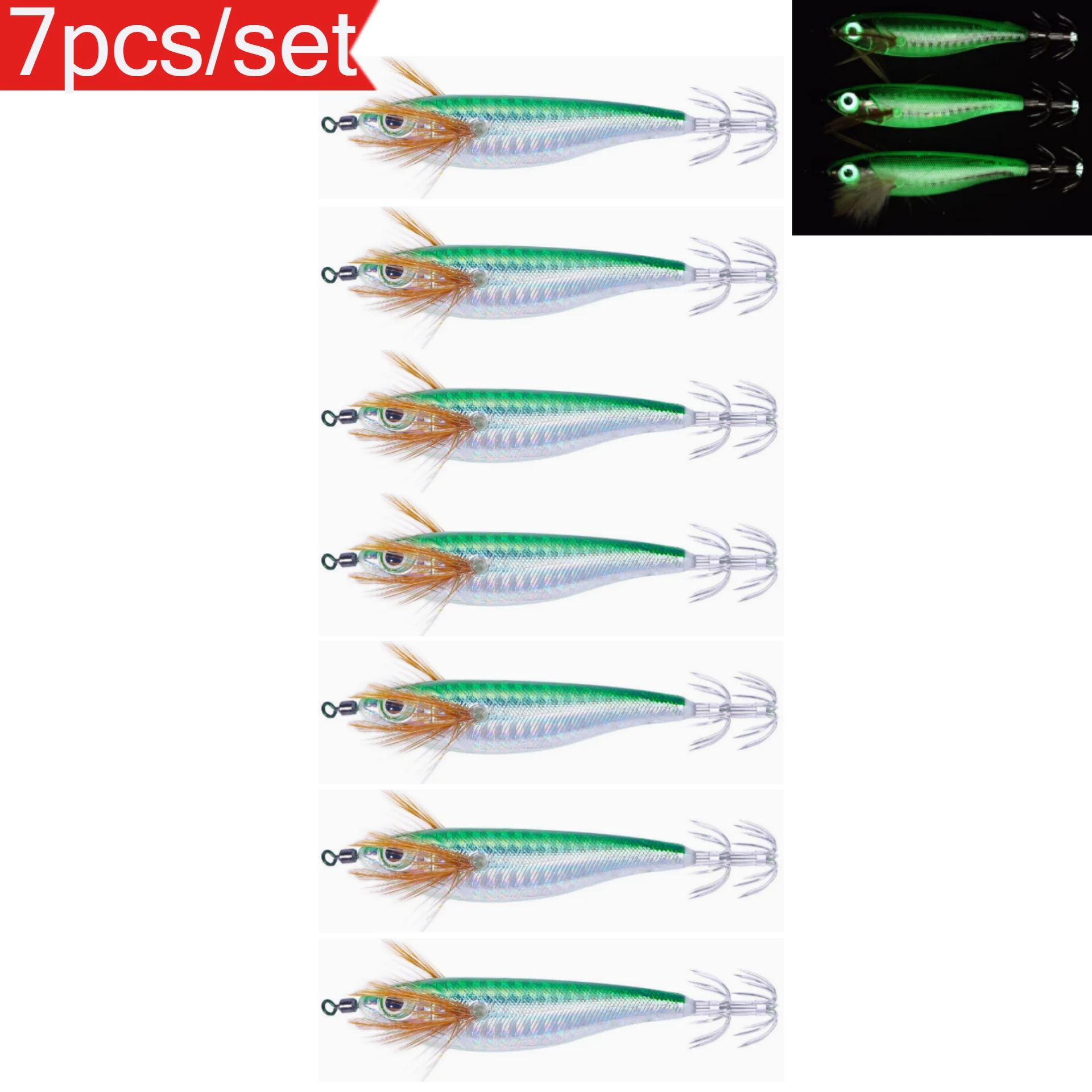 7pcs Horizontal Sea Shrimp Jig Lure Squids Hook Night Fishing Luminous Horizontal Squid Jig Saltwater Squid Glow Jigs
