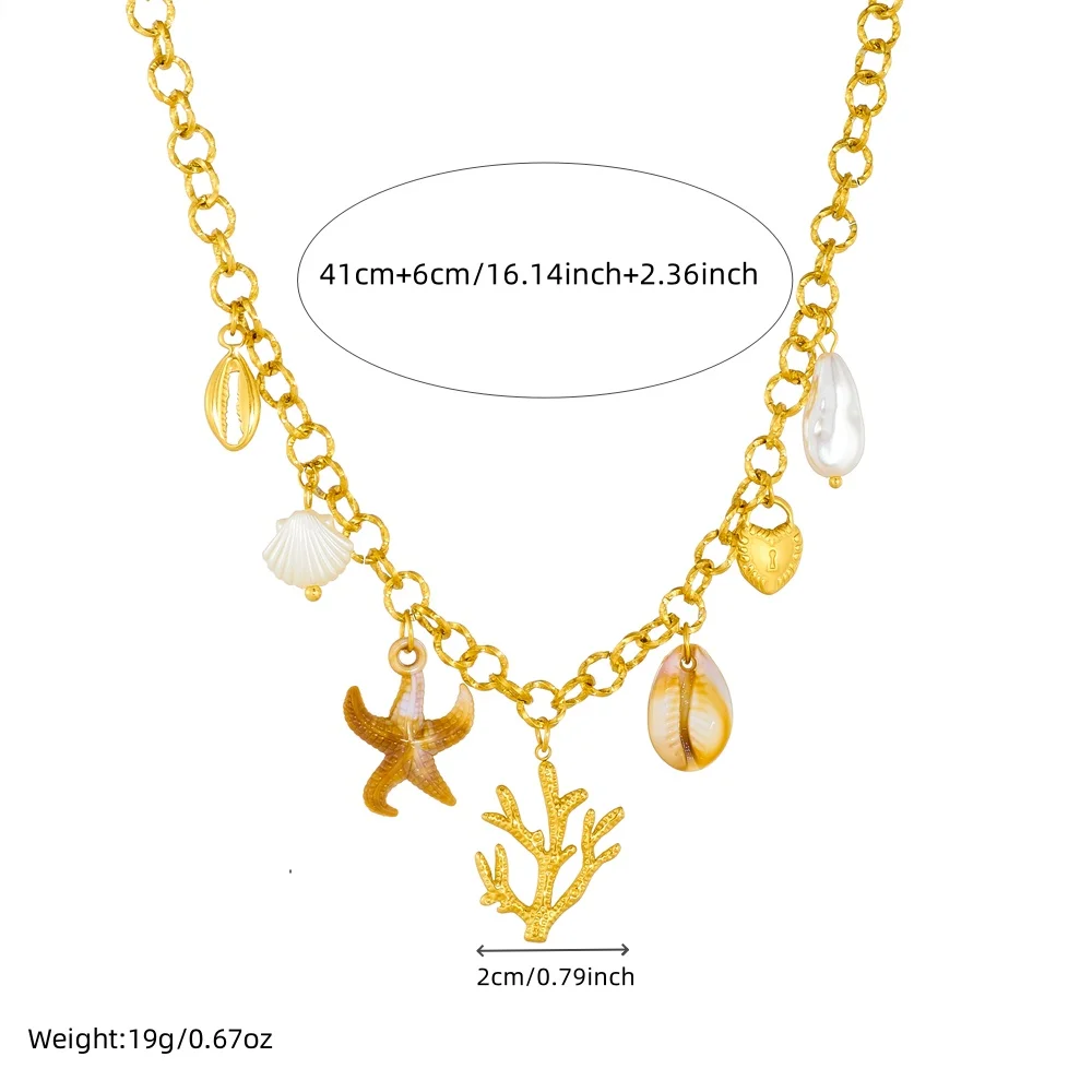DIEYURO 316L Stainless Steel Sea Star Shell Coral Pearl Necklace For Women Novel Vacation Style Neck Chain Jewelry Party Gift