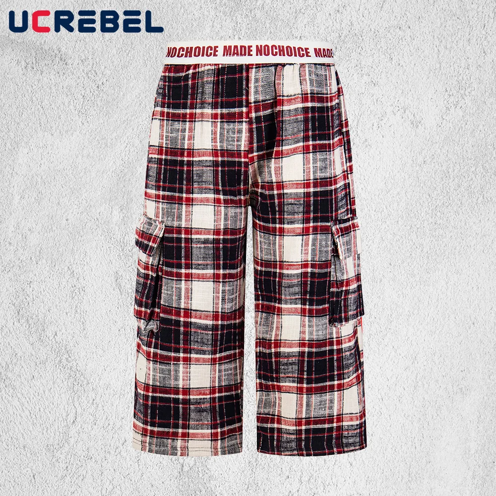 

Pocket Plaid Cropped Pants Mens Letter Print Summer Hip Hop Streetwear Spliced Elastic Waist Loose Wide Leg Shorts Man