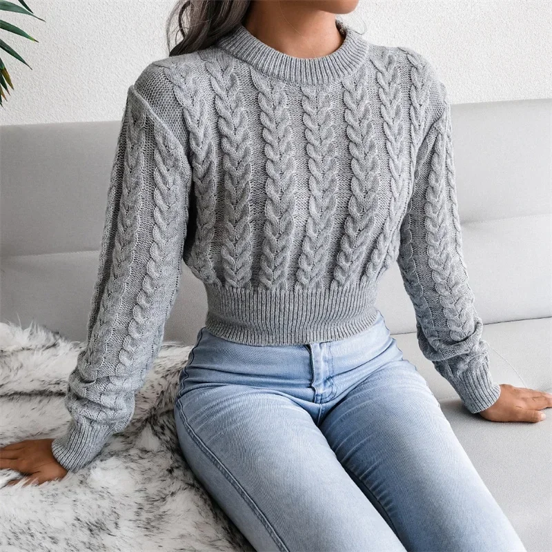 Women Solid Color Twisted Knitted Sweater Autumn Winter Fashion Long Sleeve Slim Fit Short Jumpers New Thickened Warm Woven Tops