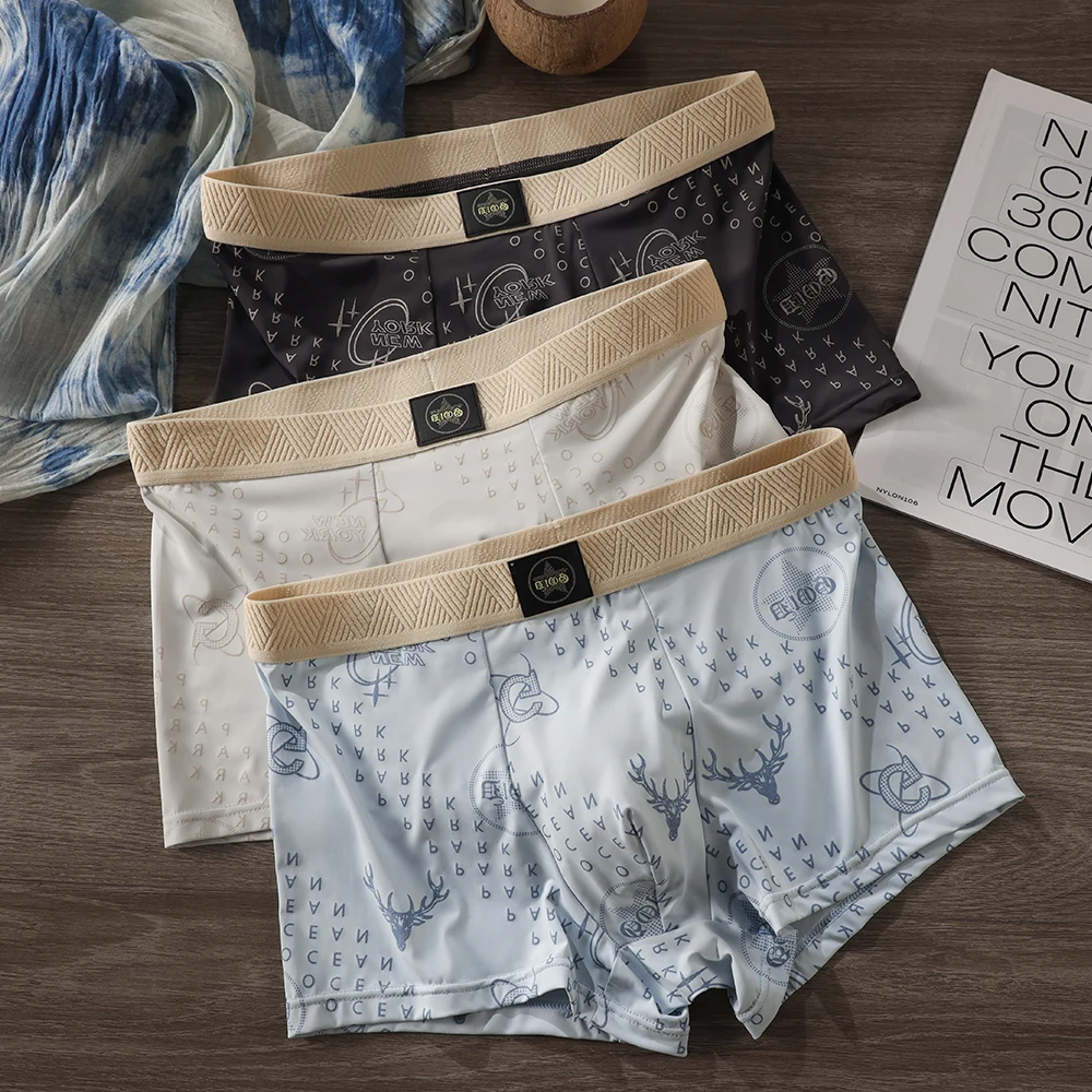 

3PCS/Pack Fashion Ice Silk Letter Deer Head Print Men's Panties Soft Comfort Breathable Crotch Boxer Men High Elastic Underpants