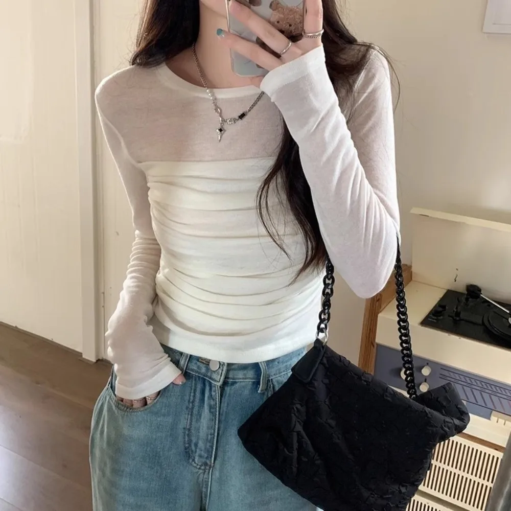 

Long Sleeve Slim Long Sleeve T-shirt Transparent Mesh Wrinkle Shape Women Thin Tops Versatile Slim Fit Korean Style Crop Top