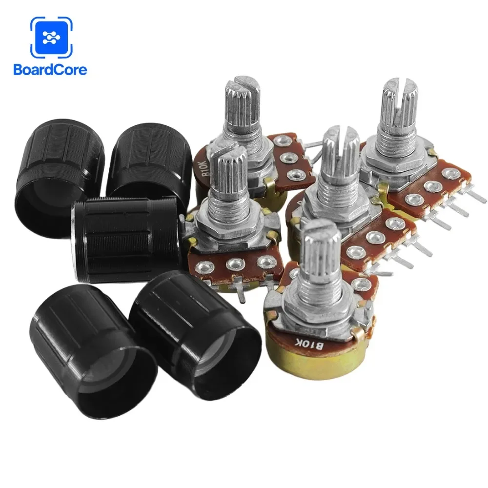5 Set WH148 3pin Potentiometer B1K B10K B20K B50K B100K B250K B500K B1M Linear Taper 15mm Shaft with Black Aluminum Knob Cap