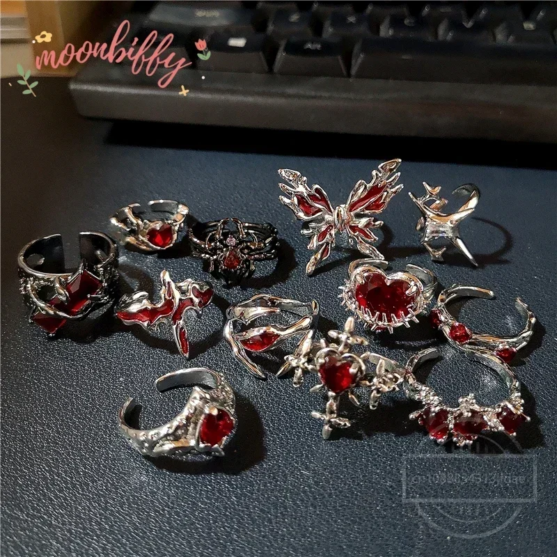 Irregular Red Crystal Glass Heart Aesthetic Rings For Women Y2K Gothic Animal Spider Ring Creative Grunge Jewelry Accessories