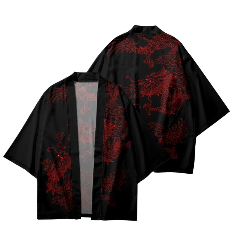 Chemise de Style Chinois à Imprimé Dragon Rouge pour Homme et Femme, Kimono Traditionnel Japonais Haori, Cardigan de Plage, Samouraï, Y-Streetwear