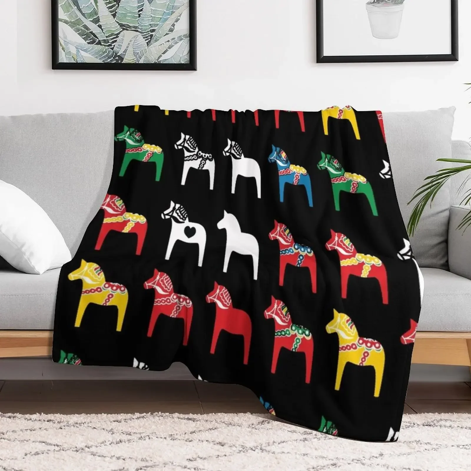 Dala Horses Dalarna Sweden Horse Dalecarlian Swedish Colorful Throw Blanket for babies Thins Soft Beds Sofa Blankets