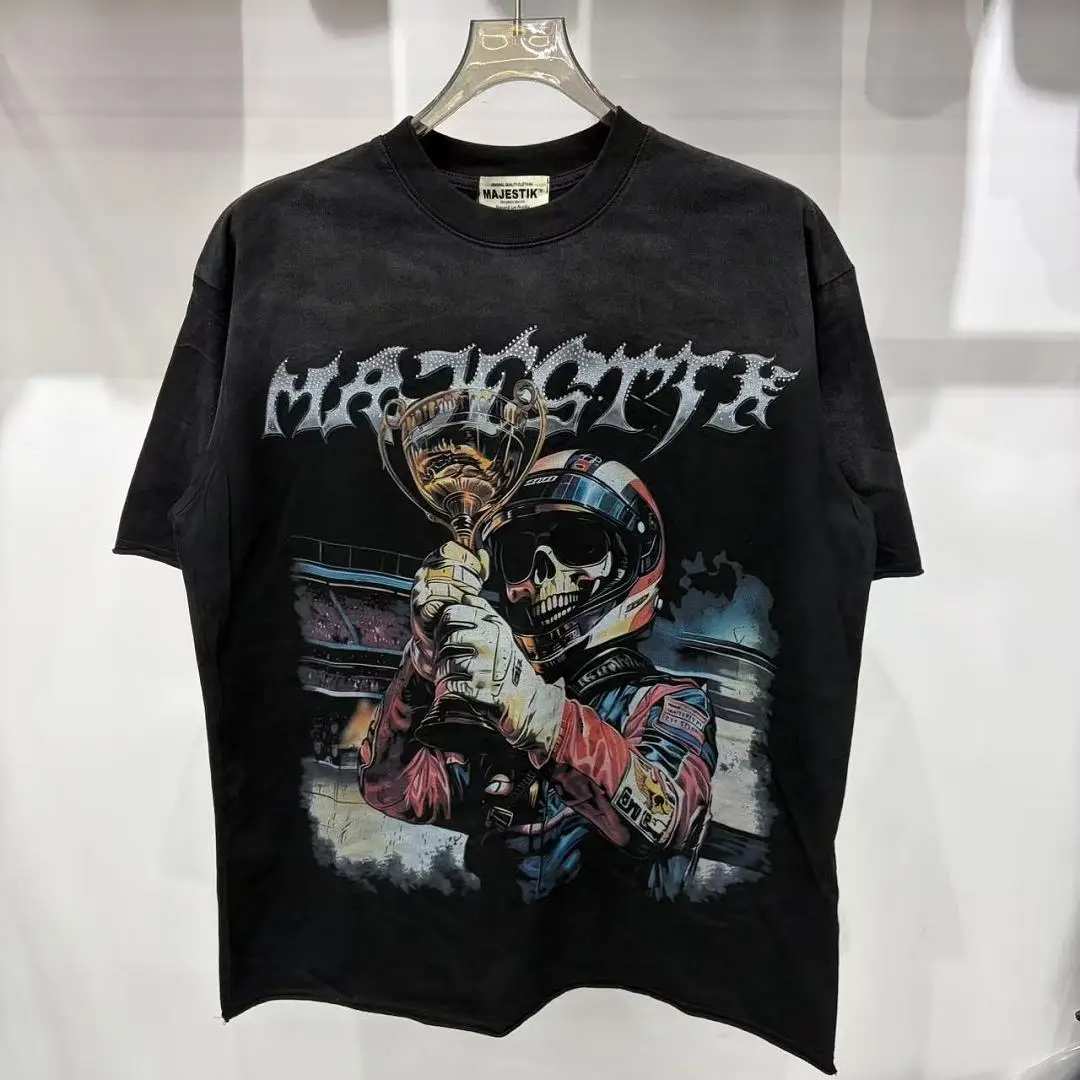 

Vintage Washed Majestik T-Shirt Men Oversized Rhinestone Skeleton Racer Graphic Tees Bootleg Streetwear Trophy Racing Prin Tops