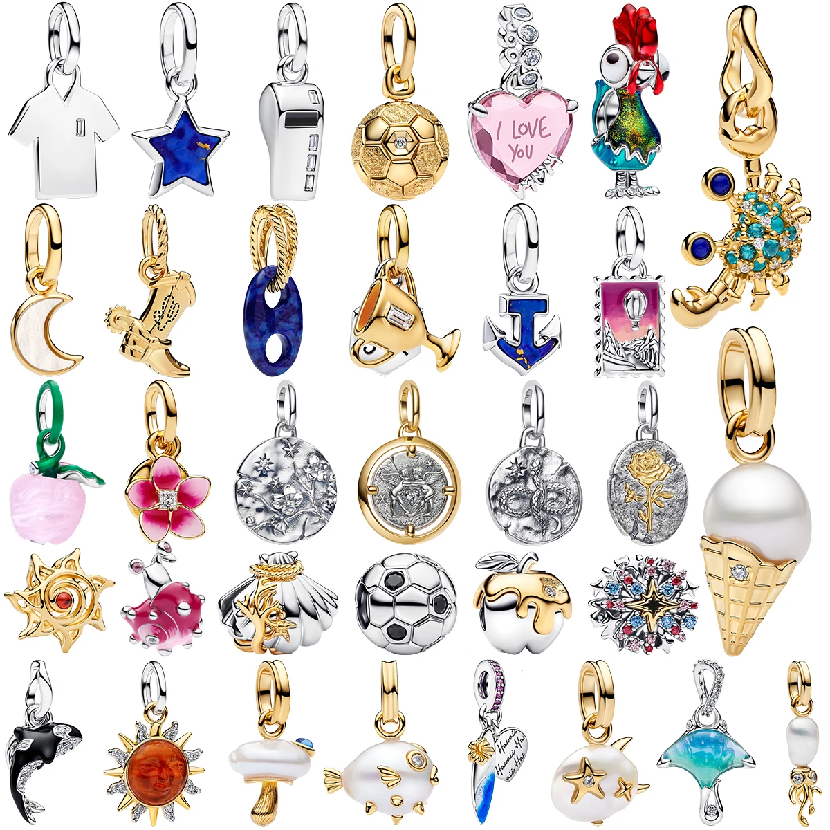 Nouveau Porte-clés Breloque Perle en Argent 925, motifs Crabe, Soleil, Cowboy, Coq, Lune, Ancre, Pièce de Monnaie, Médaille, Pomme, pour Bracelet DIY, Bijou Cadeau
