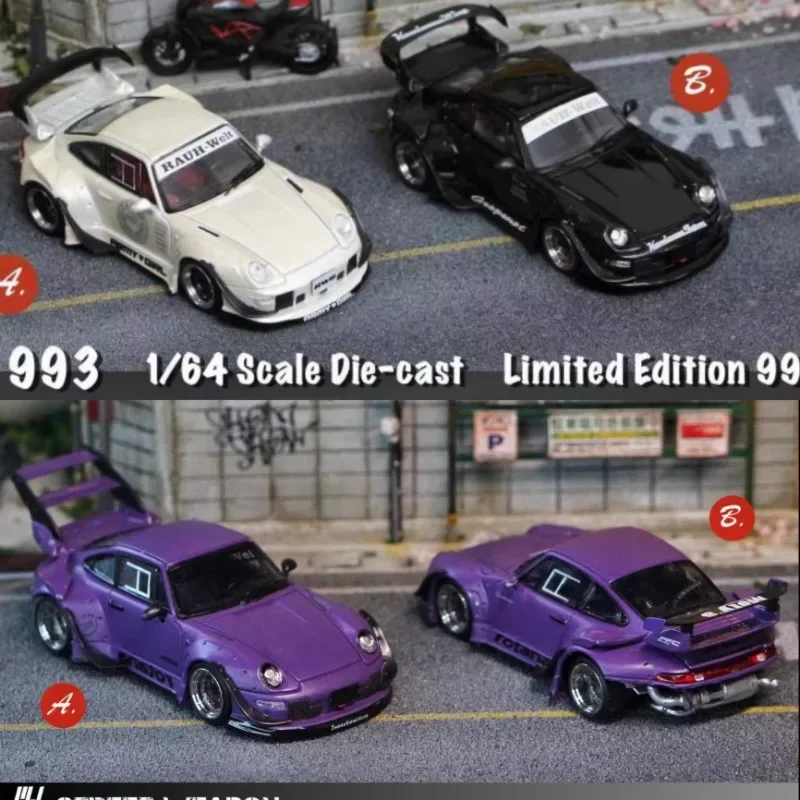 Colección de coches de aleación fundida a presión para niños, escala 1:64, RWB 993, Morado, blanco y negro, Arma de calle, un regalo de vacaciones para niños, 911