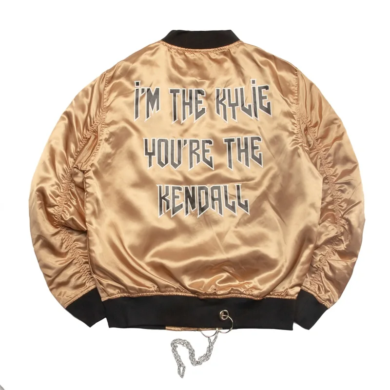 Street Style Zippered Shiny Varsity Apparel Gold Satin Bomber Jacket for Men