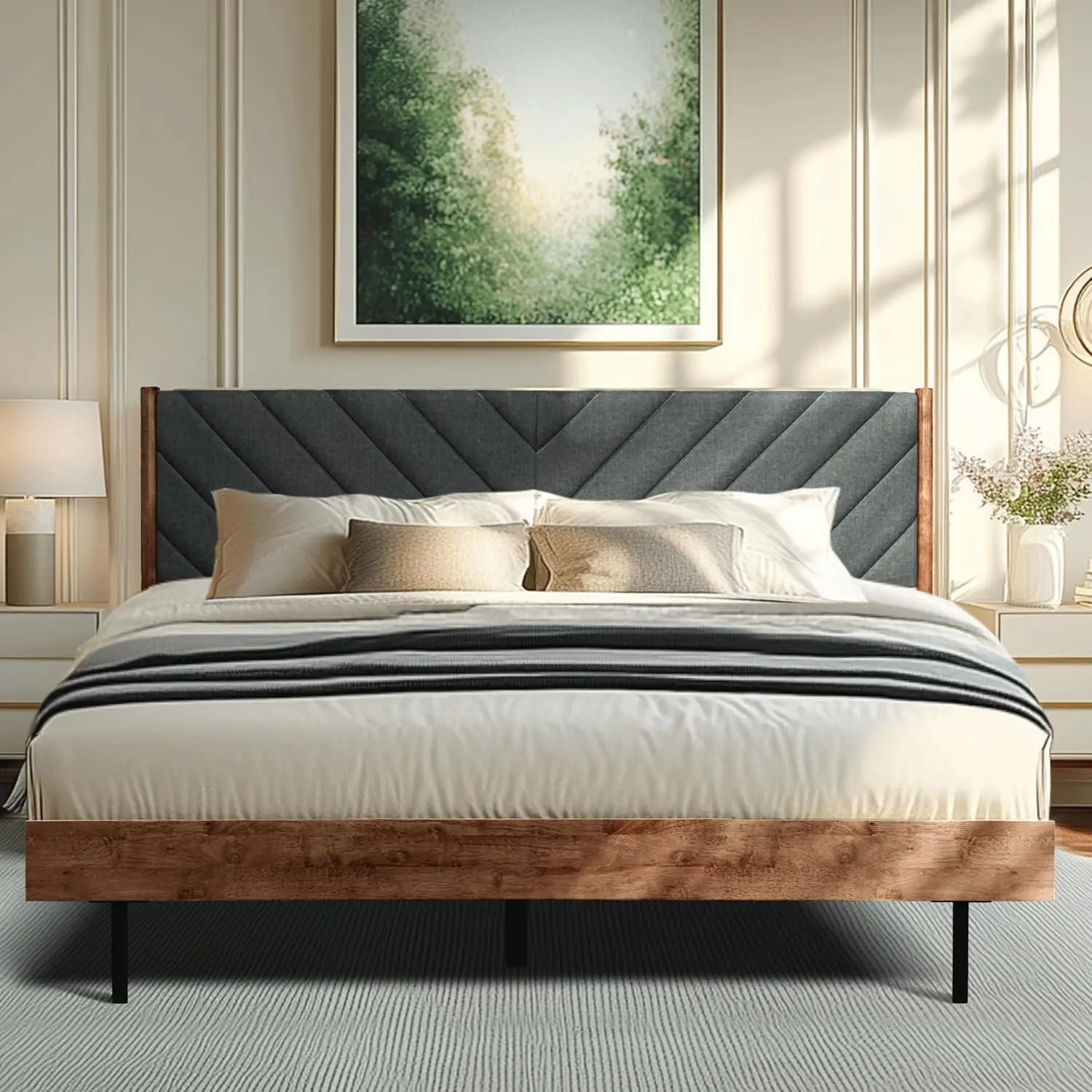 Acacia Wood Bed Frame with Upholstered Headboard Queen Caramel, Customized