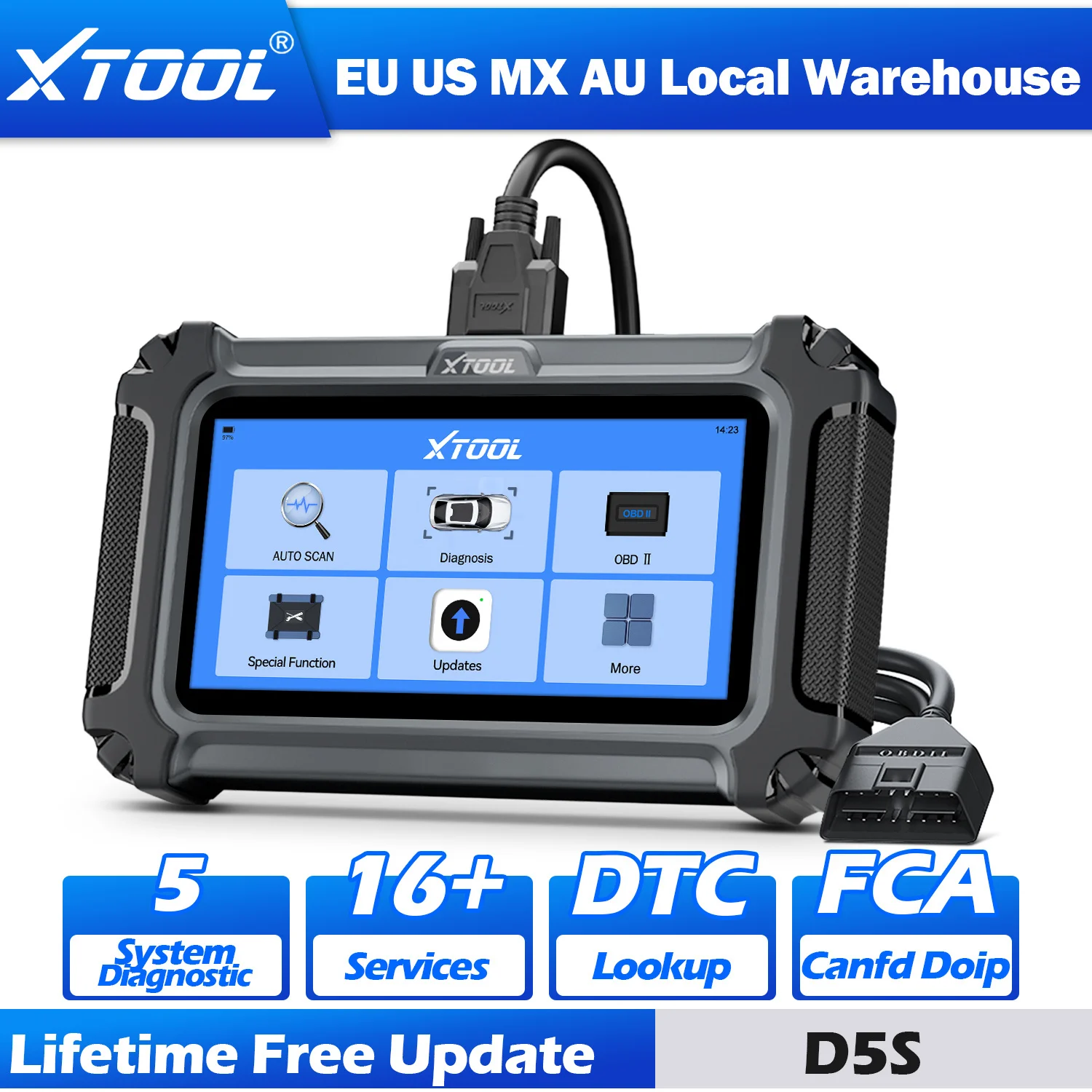 

Автосканер XTOOL D5S: диагностический инструмент для 5 систем автомобиля, 16+ сервисных функций, пожизненные бесплатные обновления, CAN FD, FCA, OBD2