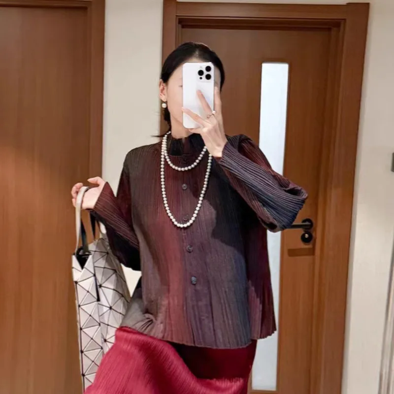 Miyake Pleated Shirt 2025 Women's Oversized Stand Collar Gradient Design Cardigan Fall New Top Elegant Fashionable Outerwear
